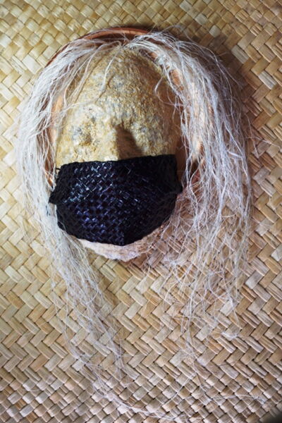 Quarry Arts Great Plate exhibition, flax paper mask with woven face mask